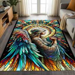 stained Glass Angel Rug - Colorful Winged Art Tile Mat Spiritual Decor