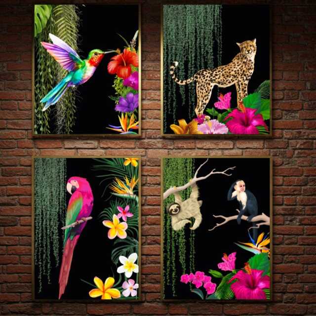 Tropical Jungle Print Set Of 4 - Maximalist Animal Wall Art On Black Exotic Boho Decor Leopard Sloth Parrot Hummingbird Prints - image 1