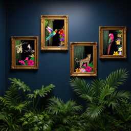 Tropical Jungle Print Set Of 4 - Maximalist Animal Wall Art On Black Exotic Boho Decor Leopard Sloth Parrot Hummingbird Prints - thumbnail 2