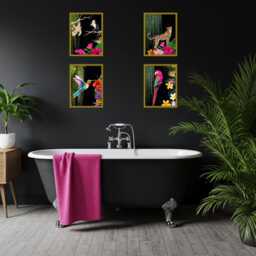 Tropical Jungle Print Set Of 4 - Maximalist Animal Wall Art On Black Exotic Boho Decor Leopard Sloth Parrot Hummingbird Prints - thumbnail 3