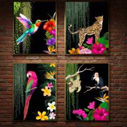 Tropical Jungle Print Set Of 4 - Maximalist Animal Wall Art On Black Exotic Boho Decor Leopard Sloth Parrot Hummingbird Prints - thumbnail 1