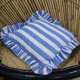 Blue Stripe Ruffle Cushion Cover Handmade Block-Printed Home Decor - thumbnail 2