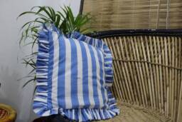 Blue Stripe Ruffle Cushion Cover Handmade Block-Printed Home Decor - thumbnail 1