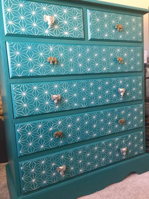Chest Of Drawers Painted Bespoke Moroccan Geometric Bee Elephant Handles Stencilled - image 1