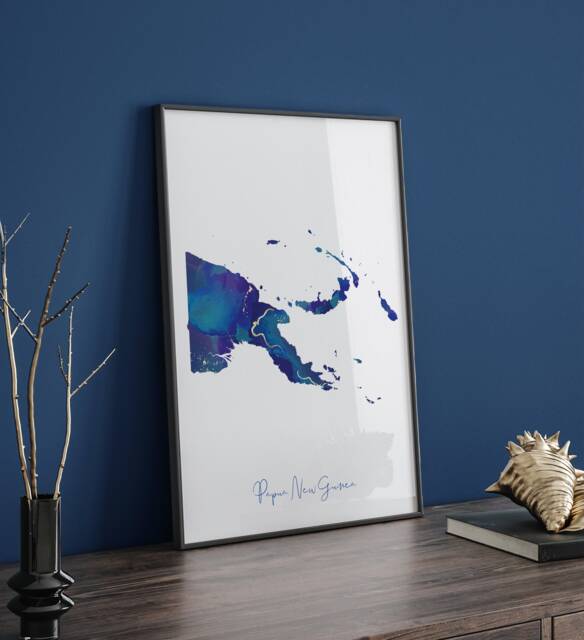 Papua New Guinea Map Blue & Gold Wall Art Print - image 1