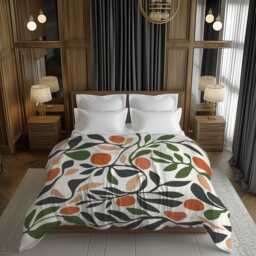 Bright Fruity Garden Comforter, Spring Botanical Bedding, Farmhouse Cottage Home D??cor Gift, Twin Queen King, Orange Green Beige #188