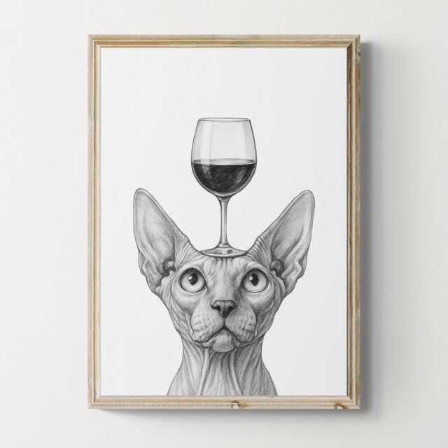 Sphynx Cat Art Print, Funny & Wine Drawing, Lover Wall Decor, Lovers Gifts - image 1