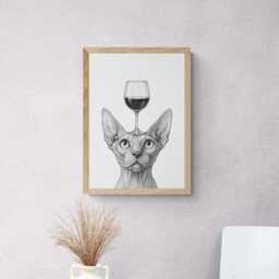 Sphynx Cat Art Print, Funny & Wine Drawing, Lover Wall Decor, Lovers Gifts - thumbnail 2