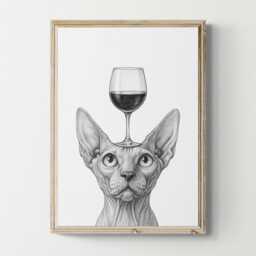 Sphynx Cat Art Print, Funny & Wine Drawing, Lover Wall Decor, Lovers Gifts - thumbnail 1