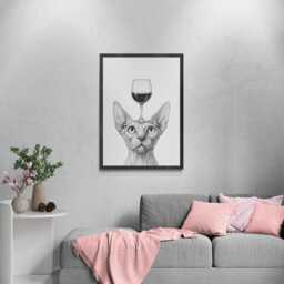 Sphynx Cat Art Print, Funny & Wine Drawing, Lover Wall Decor, Lovers Gifts - thumbnail 3