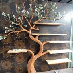 Wood Tree Branch Bookcase For Living Room Rustic Bookshelf With Flower Artificial Home Decor Housewarming Gift Walnut Floating Shelf - thumbnail 2