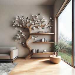 Wood Tree Branch Bookcase For Living Room Rustic Bookshelf With Flower Artificial Home Decor Housewarming Gift Walnut Floating Shelf - thumbnail 1