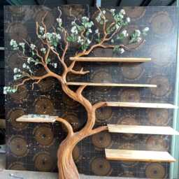 Wood Tree Branch Bookcase For Living Room Rustic Bookshelf With Flower Artificial Home Decor Housewarming Gift Walnut Floating Shelf - thumbnail 3