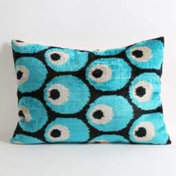 Teal Velvet Ikat Pillow Cover, 16x22 Teal Blue Throw Cushion - thumbnail 2