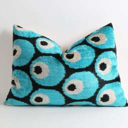 Teal Velvet Ikat Pillow Cover, 16x22 Teal Blue Throw Cushion - thumbnail 3