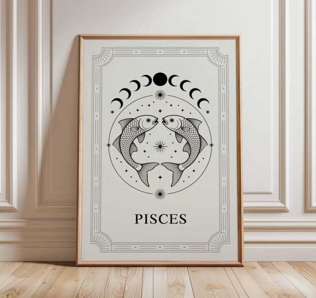 Pisces Zodiac Wall Art, Line Drawing Print, Celestial Astrology Poster, Fish Star Sign Decor, Minimalist Horoscope Art, Modern Boho Print - image 1