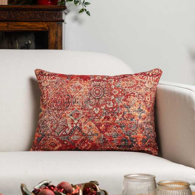 Regal Tapestry Boudoir Cushion. Warm Tones in Red, Grey & Brown Geometric Print. 17x12 - image 1
