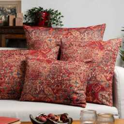Regal Tapestry Boudoir Cushion. Warm Tones in Red, Grey & Brown Geometric Print. 17x12 - thumbnail 3