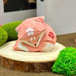 Handmade Wooden Fox Decor Ornamen, Custom Pink Art Carving For Housewarming, Handcrafted Wood Animal Figurine Valentine's Day - thumbnail 2