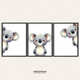 Peeking Koala Prints - Set Of 3 Nursery Posters - Animal Playroom Decor Gender Neutral Baby Wall Art Peekaboo Bear Poster Print A3/A4 - thumbnail 3