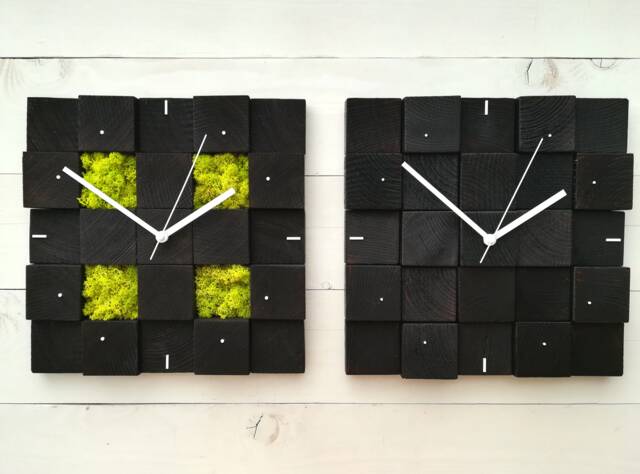 Wood Moss Clock Handmade Square Wall Clock, Scandinavian Design - image 1