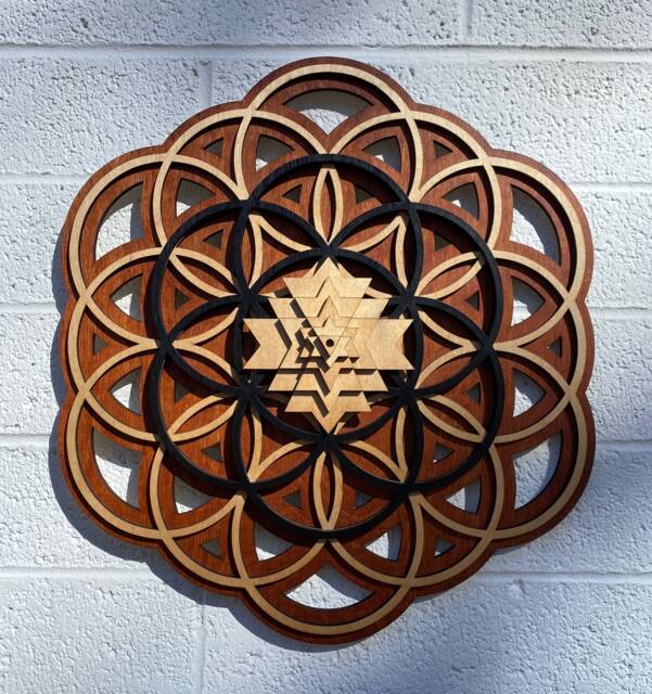 Layered Wood Flower Of Life Sri Yantra Wall Art Sacred Geometry Decor - 17.5 - image 1
