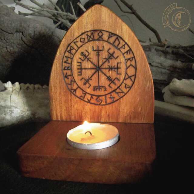 Vegvisir Viking Compass Wooden Candle Holder - Handburned Pine Wood Tealight Norse Mythology Altar Decor Pagan Gift - image 1