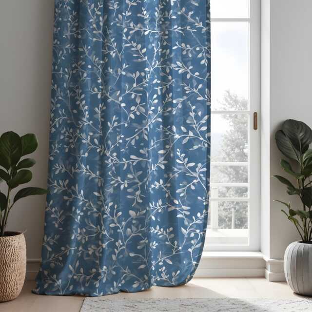 Blue Floral Curtains, Botanical Leaf Pattern Drapes, Custom Size Window Treatments, Modern Natural Home Decor Panels - image 1