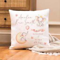 Personalised New Baby Cushion - Elephant Nursery Girl Gift - thumbnail 1