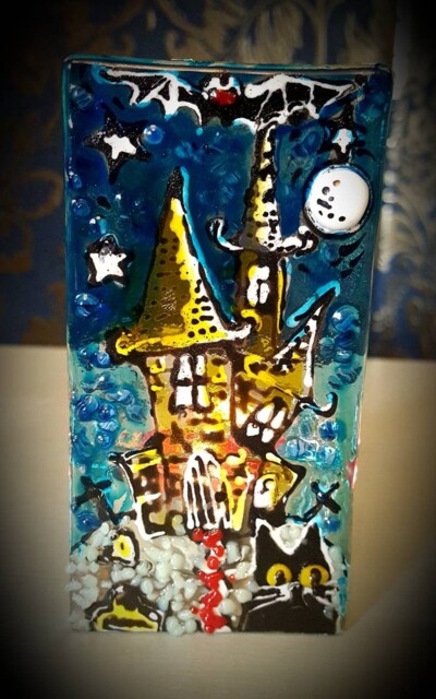 Haunted House Tea Light Holder. Fused Glass, Glass Art, Moon, Black Cat, Bat. Unique - image 1
