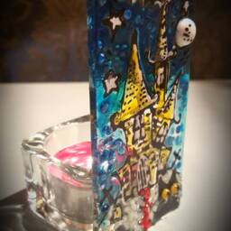 Haunted House Tea Light Holder. Fused Glass, Glass Art, Moon, Black Cat, Bat. Unique - thumbnail 2