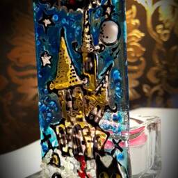 Haunted House Tea Light Holder. Fused Glass, Glass Art, Moon, Black Cat, Bat. Unique - thumbnail 3