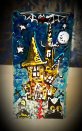 Haunted House Tea Light Holder. Fused Glass, Glass Art, Moon, Black Cat, Bat. Unique - thumbnail 1