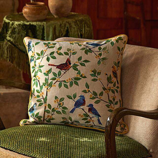 Bird Floral Pillow Cover, Jacquard Cushion Cover With Velvet Back - image 1