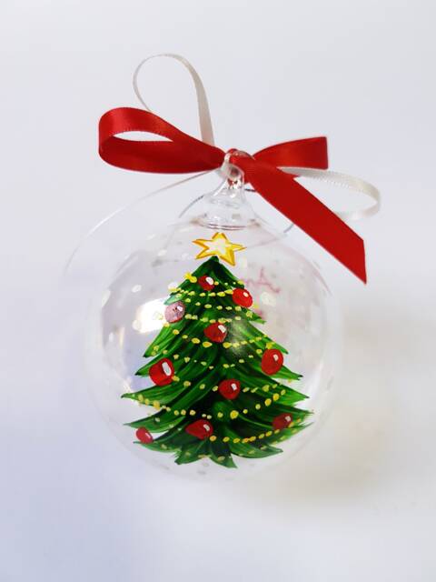 Hand Painted Glass Bauble With Christmas Tree & Custom Name. Nice Gift For The Holidays, Eve Dinner Place Card Your Table - image 1