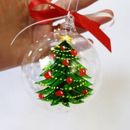 Hand Painted Glass Bauble With Christmas Tree & Custom Name. Nice Gift For The Holidays, Eve Dinner Place Card Your Table - thumbnail 3
