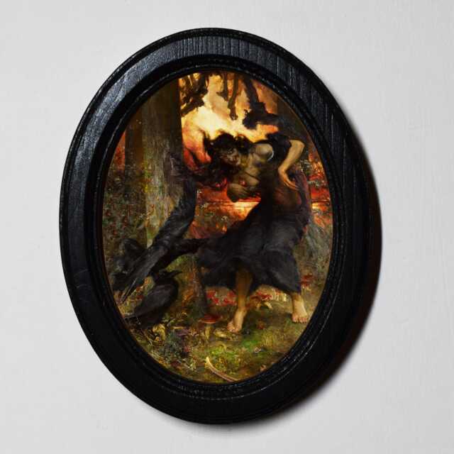 Halloween Black Oval Wooden Framed Picture, Edgar Bundy, A Witch, 3 X 4 Gothic Print, Witchy Wall Hanging - image 1