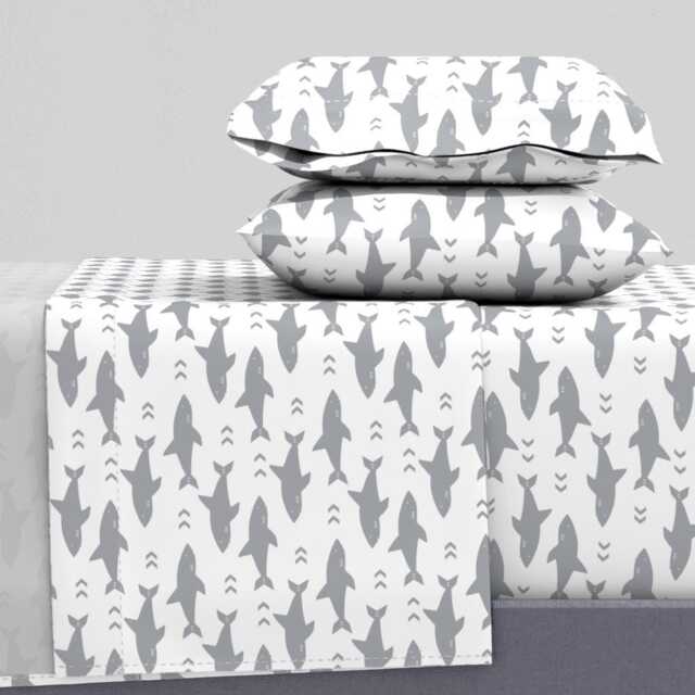 Grey Shark Sheets - Fabric By Charlottewinter Nautical Boy Nursery Ocean Fish Cotton Sateen Sheet Set Bedding Spoonflower - image 1