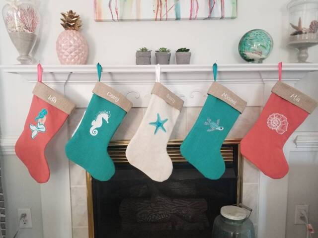 Beach Cottage Linen Christmas Stockings - Coastal Decor Holiday - image 1