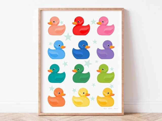 Rainbow Rubber Bath Duckies Bathroom & Kids Room Art, Duck Digital Printable Wall Hanging, Fun Nursery Decor, Modern Playful Decor - image 1