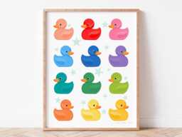Rainbow Rubber Bath Duckies Bathroom & Kids Room Art, Duck Digital Printable Wall Hanging, Fun Nursery Decor, Modern Playful Decor - thumbnail 1