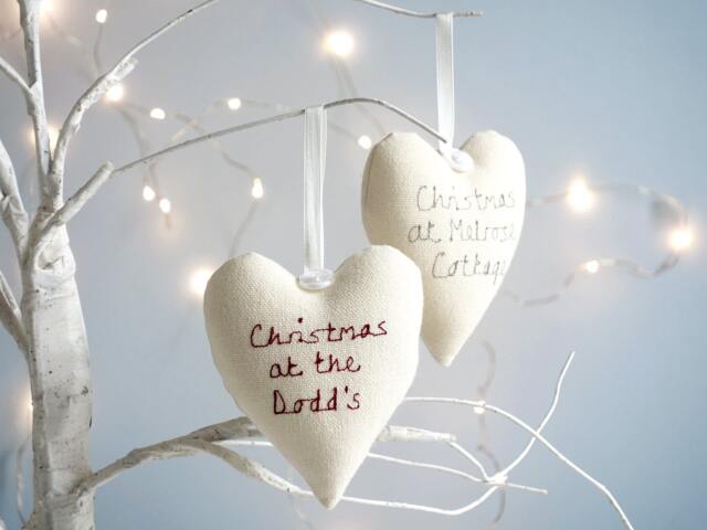 Personalised Embroidered Hanging Heart Christmas Tree Decoration - Baby's First Xmas Gift 1st As Mr & Mrs At The - image 1