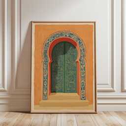 Blue Ornate Arched Door Poster - Moroccan Architectural Illustration Hand Drawn Doorway Art - thumbnail 1