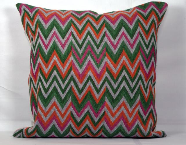 Zig Zag Pillow Cover Handmade Cotton Jacquard, Green Pink Orange - image 1
