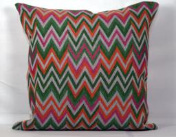Zig Zag Pillow Cover Handmade Cotton Jacquard, Green Pink Orange - thumbnail 1