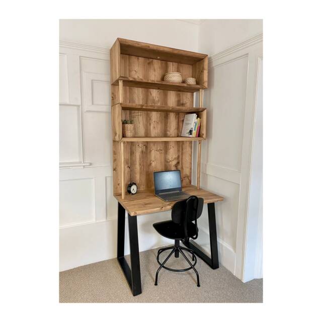 Reclaimed Wood Alcove Office Desk With Black Trapezium Legs & Shelving, Customisable - image 1