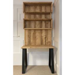Reclaimed Wood Alcove Office Desk With Black Trapezium Legs & Shelving, Customisable - thumbnail 2
