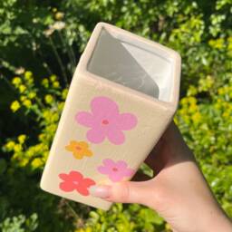 Retro Flower Hand Painted Ceramic Vase, Pink & Orange Daisys, Seamless Pattern, Bud 60S 70S Pottery Home Decor - thumbnail 3