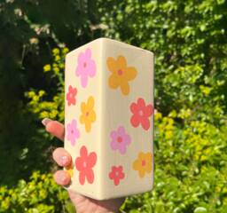 Retro Flower Hand Painted Ceramic Vase, Pink & Orange Daisys, Seamless Pattern, Bud 60S 70S Pottery Home Decor - thumbnail 1