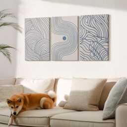 Canvas Set Of 3 Wall Art - Decorative Lines Wave Shapes, Blue Photo Print, Abstract Decor - thumbnail 1